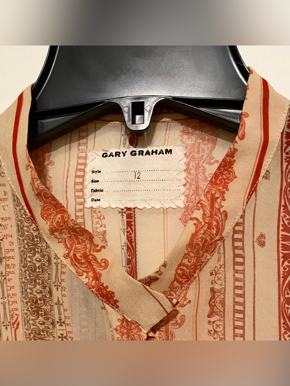 Gary Graham Boho Striped Blouse in Cream,Rust, Green Sheer Silk 12 - Picture 2 of 8